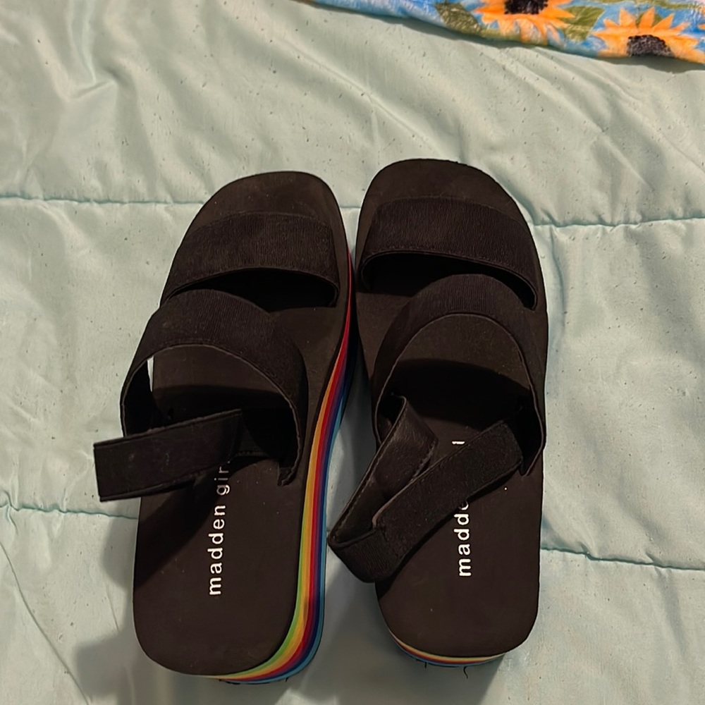 NEVER WORN madden girl black colorful rainbow print espadrilles